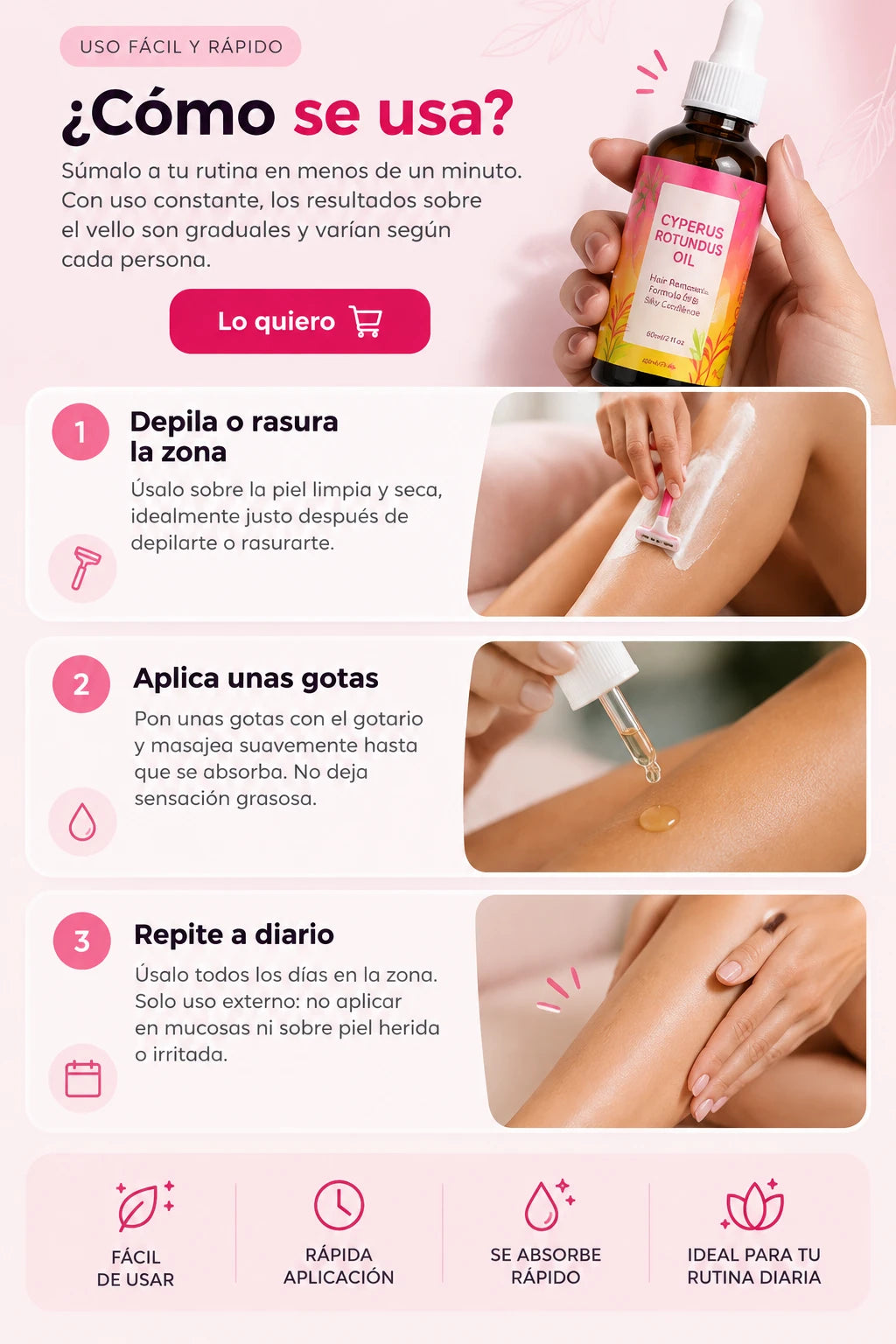 ¿Cómo se usa? 1. Depila o rasura la zona 2. Aplica unas gotas 3. Repite a diario